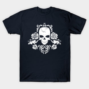 White Skull and Roses Distressed Vintage Style Design T-Shirt